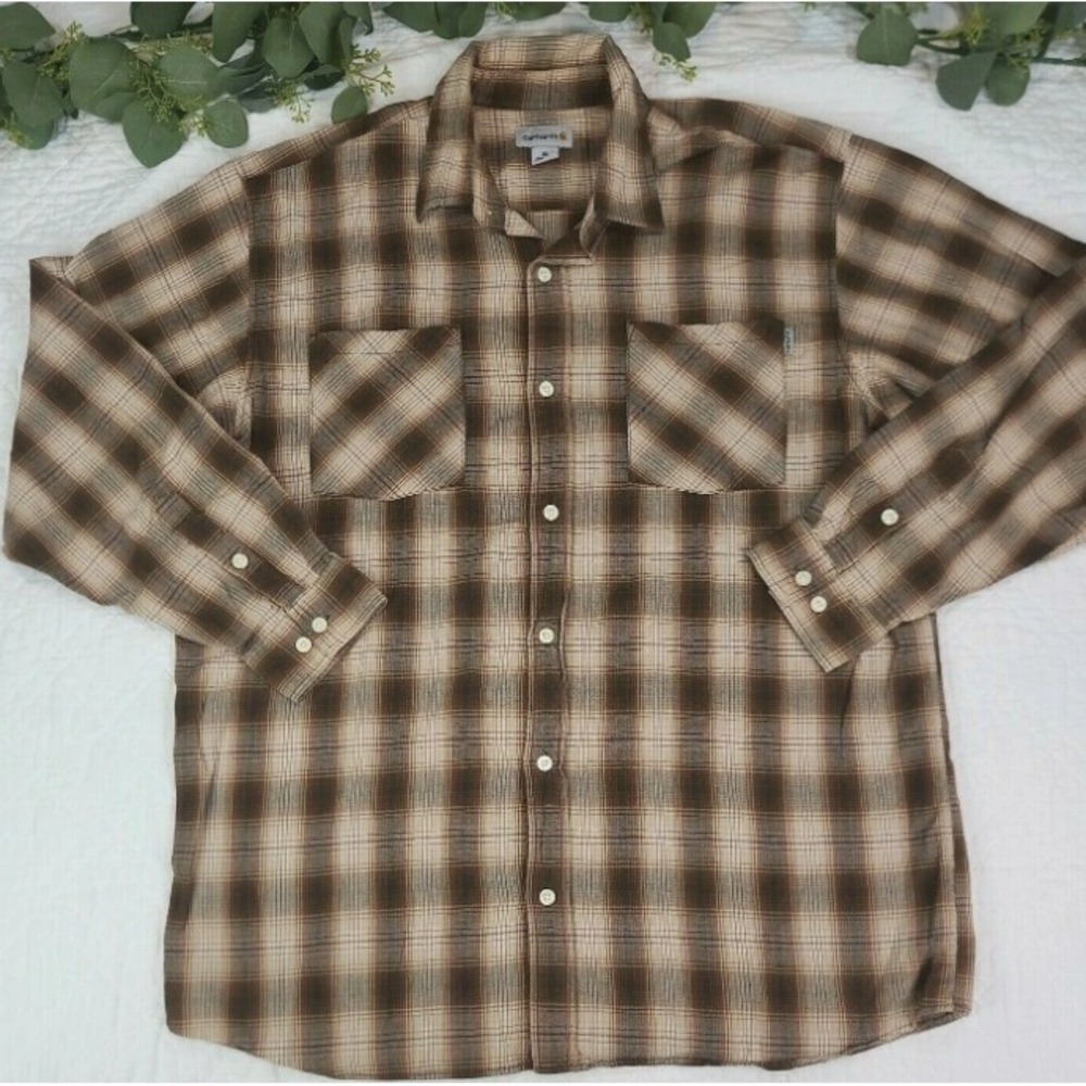 Vintage Carhartt Brown Tan Plaid Flannel Button Up Shirt Medium‎